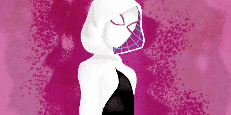 Disegno di Spider-Gwen su sfondo rosa.