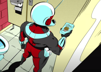 Ant-Man in bagno con un dispositivo in mano